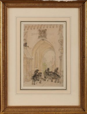 Lavierte Bleistiftzeichnung Peter Becker "Stadttor mit Musketieren"