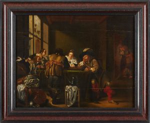 Gemälde Johannes Natus, zugeschrieben "Drei Kavaliere und zwei Courtisanen in einem Interieur beim Tric-Trac Spiel"