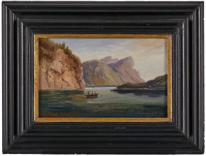 Gemälde sign. J. Brunn dat. 1876 Landschaftsmaler 19. Jh. "Blick über einen Gebirgssee mit Ruderbot".