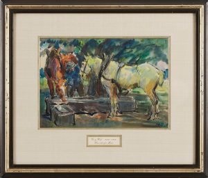 Aquarell über Tuschpinsel Georg Wolf "An der Tränke"