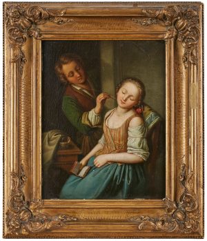 Gemälde Josef Valentin "Schlafendes Mädchen mit neckendem Knaben".