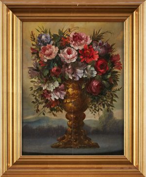 Gemälde Stilllebenmaler um 1850 "Üppiger Blumestrauss vor einer Landschaft"