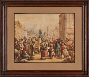 Aquarellierte Bleistiftzeichnung, weiß gehöht Wilhelm Amandus Beer "Glockenweihe"