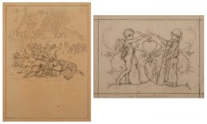 Lot 374: 2 Bleistiftzeichnungen Albert Henschel "Deckelentwurf für ein Feuerzeug" u. "Die Schneeballschlacht"