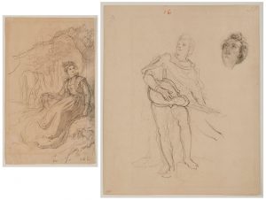 Los 243: 2 Bleistiftzeichnungen Albert Henschel "Die Gitarrenspieler" u. "Szene aus einer Sage"
