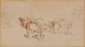 Lot 355: Kolorierte Bleistiftzeichnung Vittorio Avondo, zugeschrieben "Stürzende Reiter"