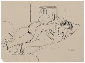 Lot 24: Federzeichnung Christoph Voll "Im Bett liegende Frau"