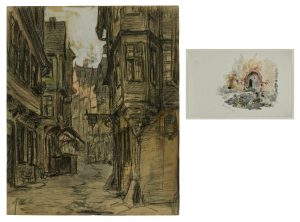 Los 143: Aquarell Jakob Happ "Burgeingang" und Kohlezeichnung, weiß gehöht "Frankfurter Altstadt"