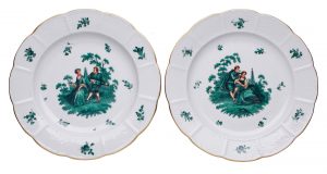 Lot 28/11 Paar Teller "Galanterie in Grün", Potschappel/ Dresden 20. Jh.