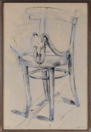 Kohle- u. Kreidezeichnung Heinrich Schmid "o. T. (Stuhl mit Schädel)"