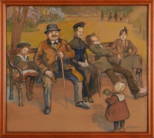 Kreidezeichnung, weiß gehöht Bertha Czegka "Auf der Parkbank"