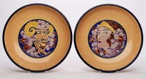 Paar gr. Platten "Bacchanten", Art Déco, Longvy um 1930