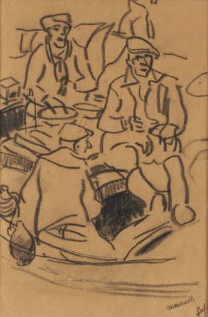 210/359 Kohlezeichnung Monogr. FM "Sitzende Figurengruppe"