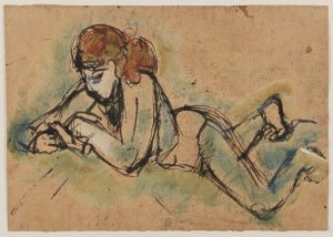 210/122 Aquarellierte Tuschpinselzeichnung Heinz Battke "Liegende junge Frau"