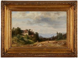 210/288 Gemälde Hermann Pohle "Weite Gebirgslandschaft mit  Architektur- und Personenstaffage"