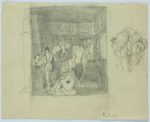 212/77 Bleistiftskizze Reinhold Ewald "Atelierszene/Figurenstudien" um 1920