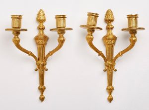 213/481: Paar 2-flamm. Wandappliken, Louis-XVI-Stil, wohl um 1900