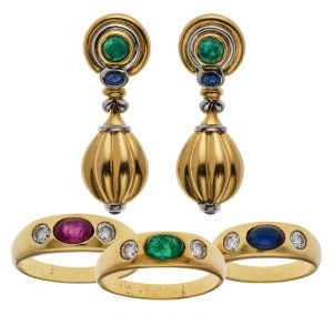 213/1017: 5-tlg. Goldschmuck-Konvolut m. Edelsteinen