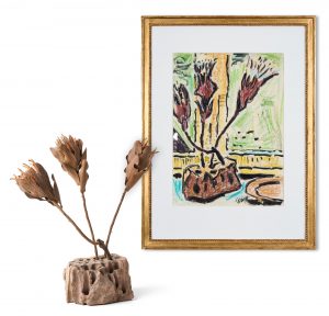 214/110 Kolorierte Tuschpinselzeichnung sowie das dargestellte Arrangement