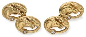 216/837 Paar Gold-Manschettenknöpfe m. Pferdeköpfen u. Diamanten