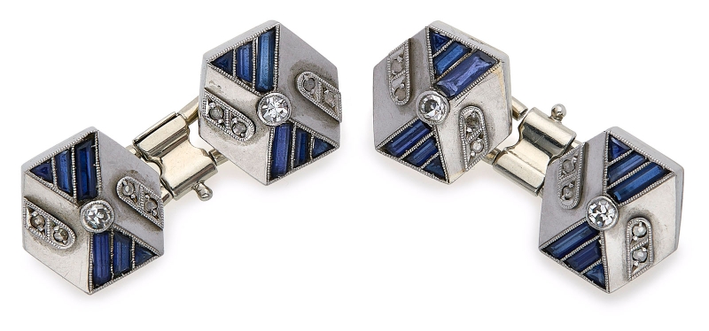 216/841 Paar Manschettenknöpfe m. Spinellen u. Diamanten, Art Déco