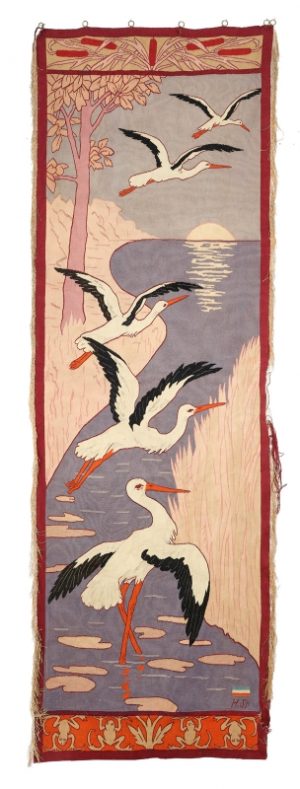 216/128 Jugendstil-Wandbehang "5 Störche", Entw. Heinrich Sperling, um 1900