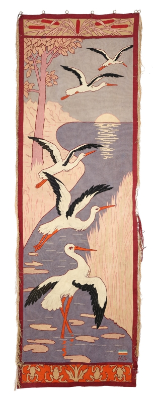 216/128 Jugendstil-Wandbehang "5 Störche", Entw. Heinrich Sperling, um 1900