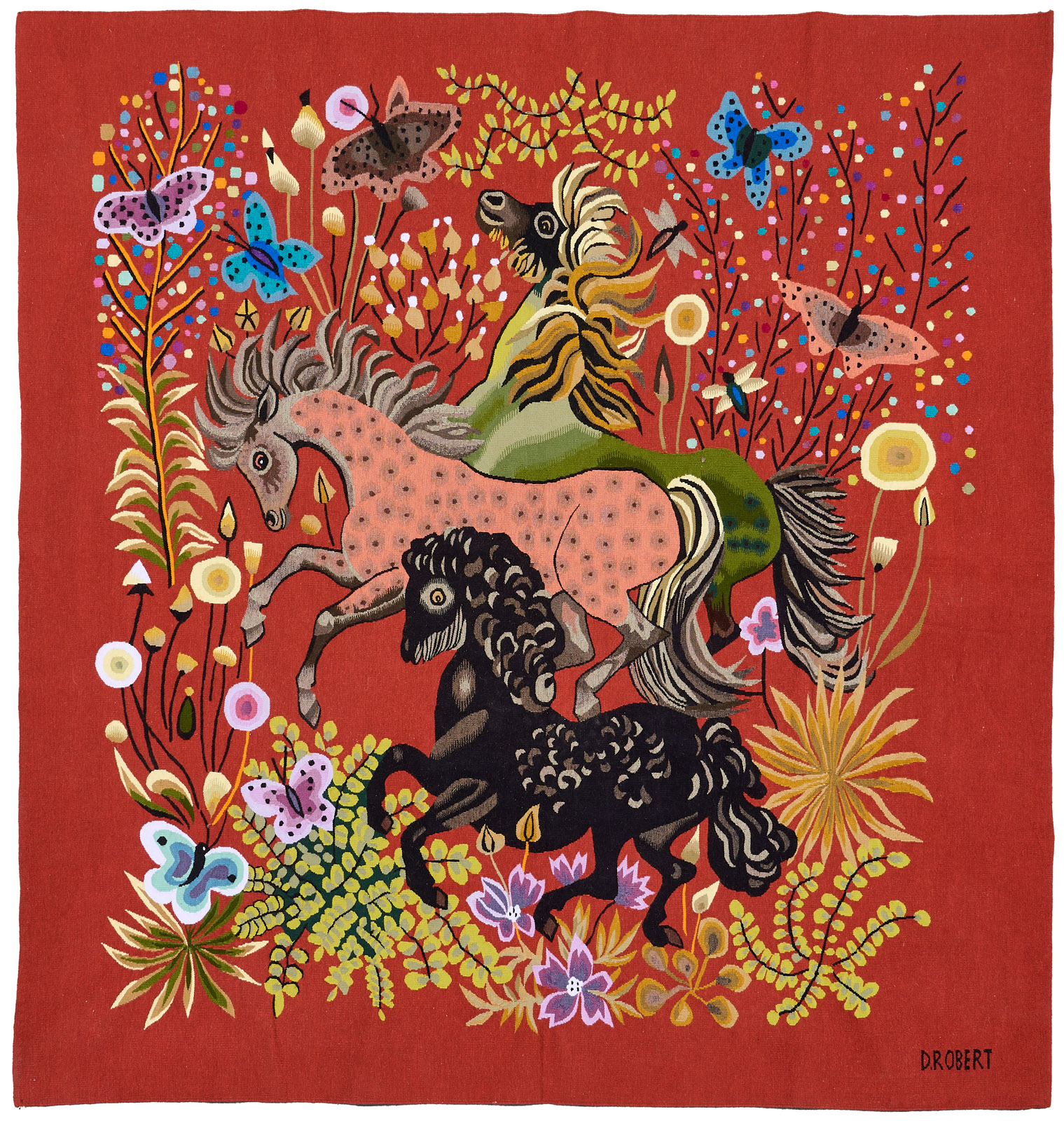 219/437 Tapisserie "La Chasse aux Papillons", Don Robert, wohl um 1970